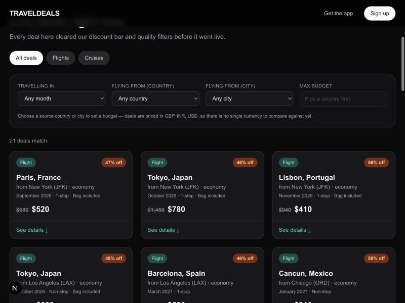 TravelDeals deal feed grid