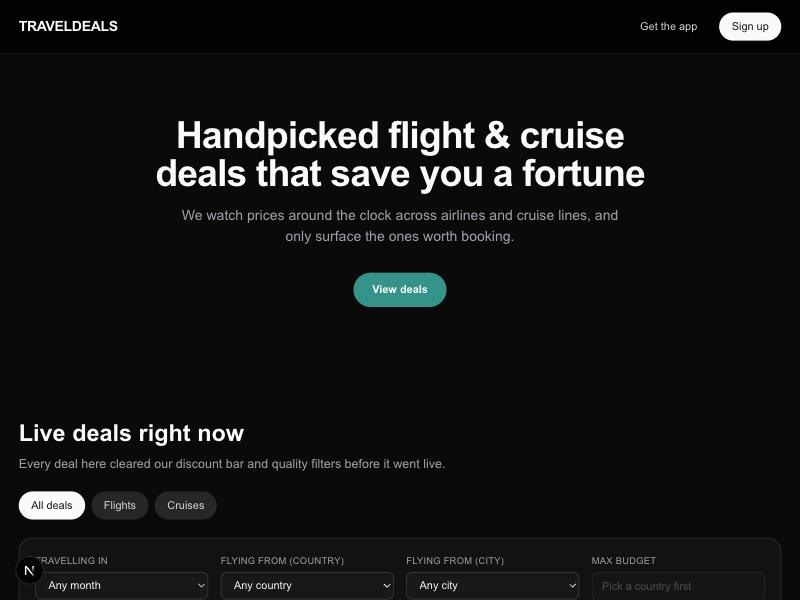 TravelDeals hero section